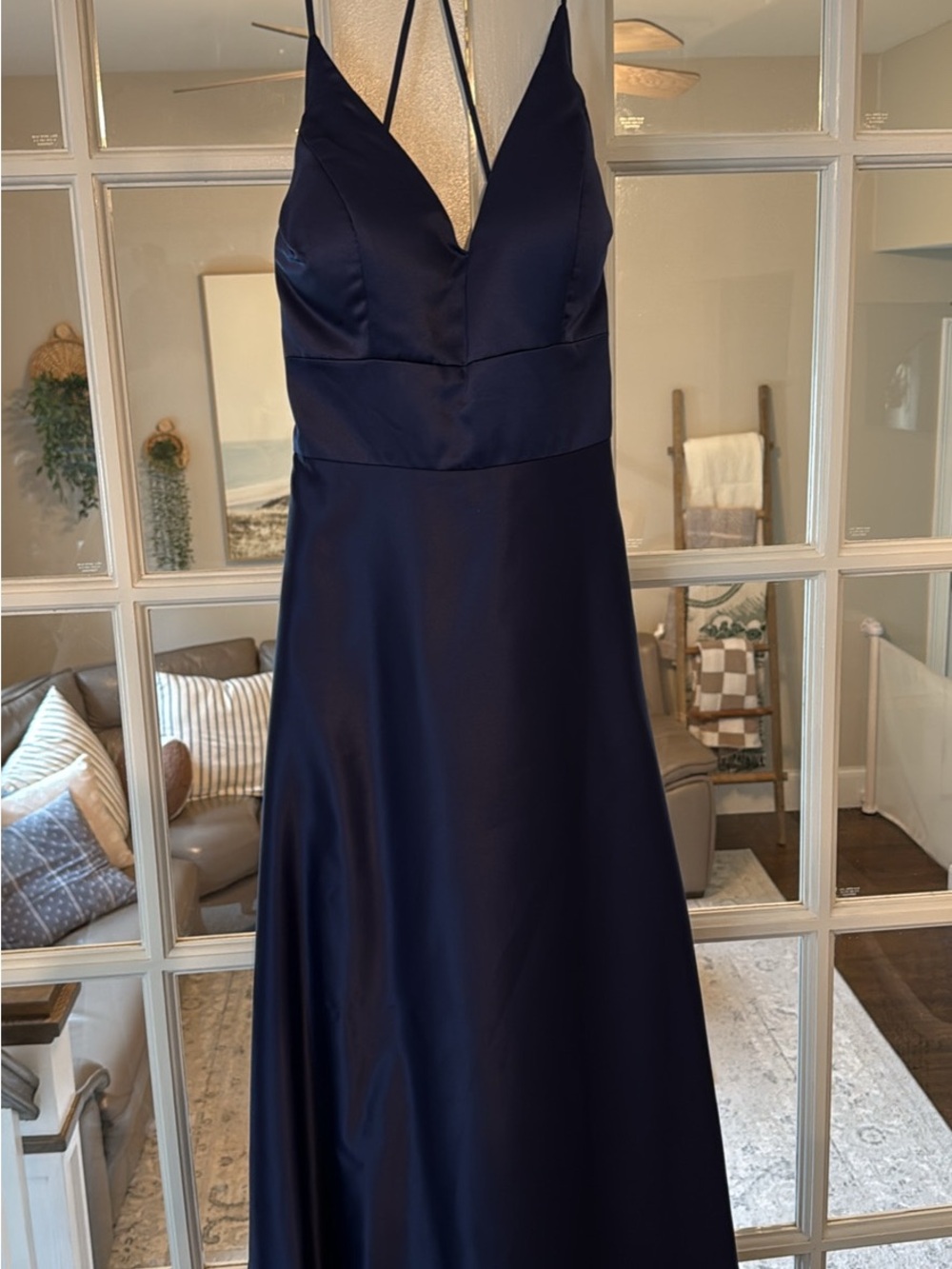 Mori Lee Navy Satin V-Neck Spaghetti Strap Prom Dress